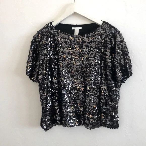 H&M Tops Hm Black Sequin Top Short Sleeve Small Poshmark